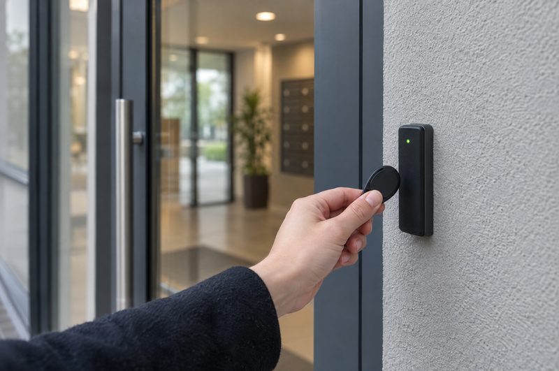 An access control reader beside an office door