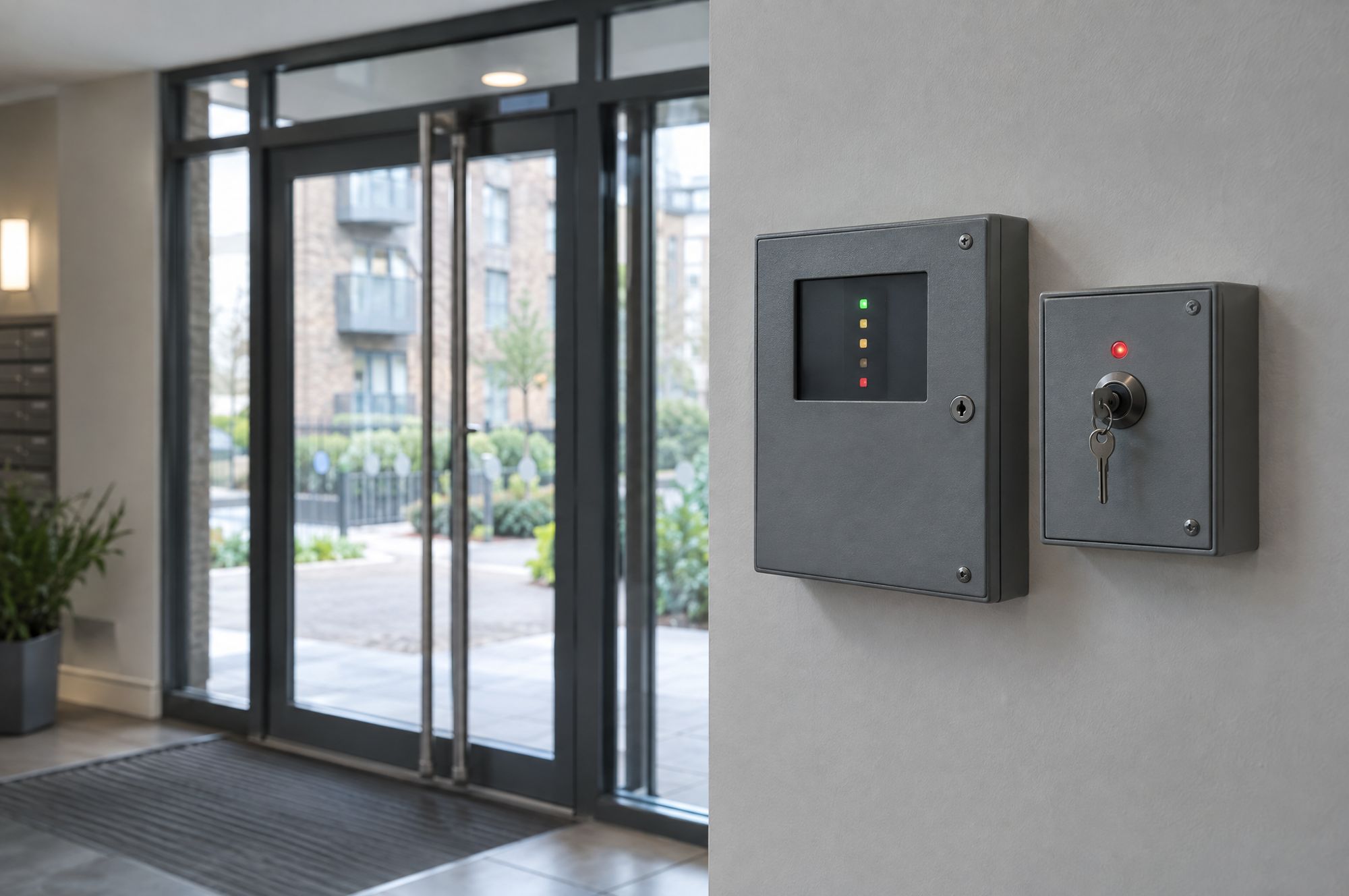 Smoke control panel and fire fighter override switch by an entrance