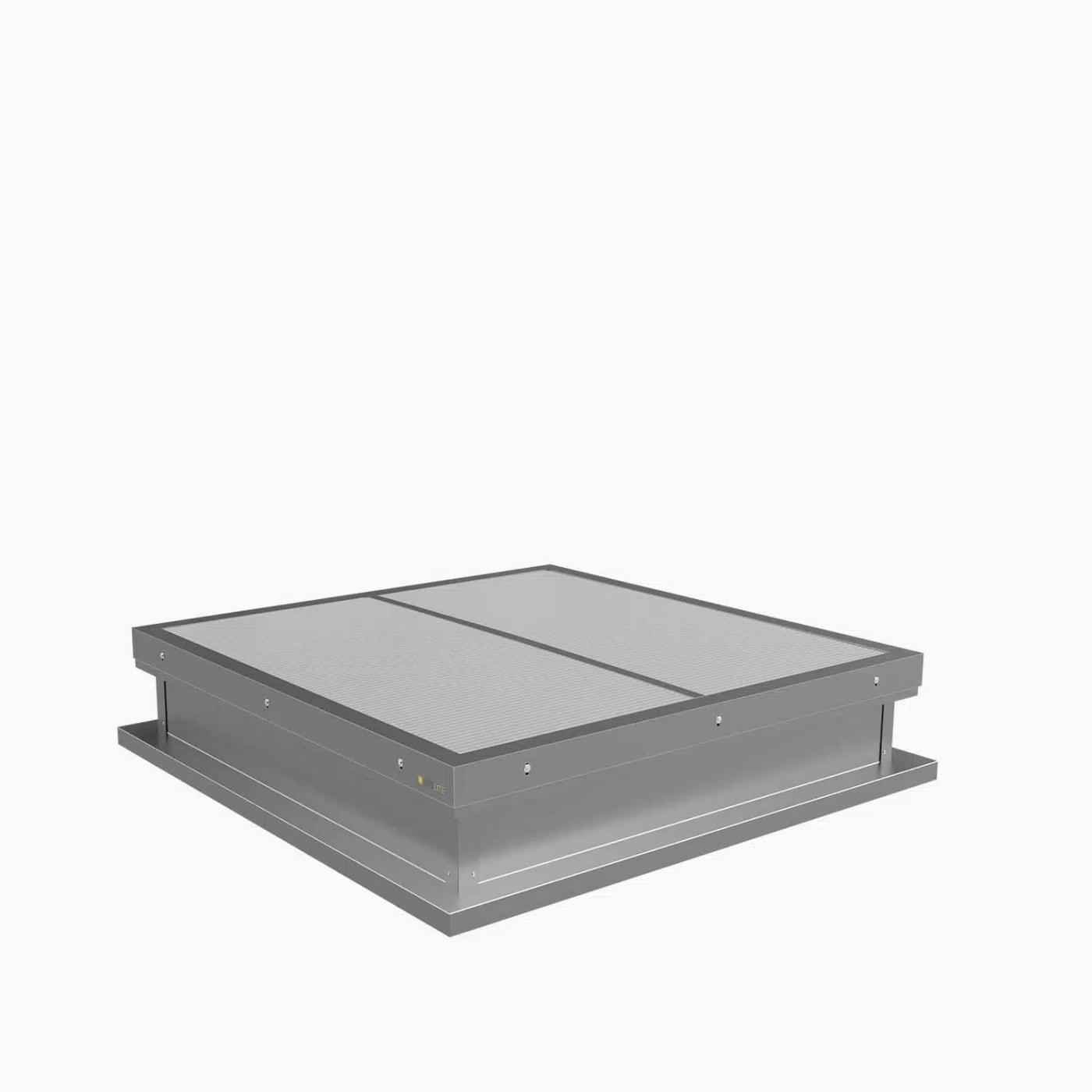 Certified AOV smoke vent unit closed, weather-sealed on the roof