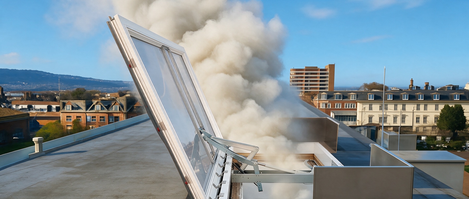A row of automatic opening smoke vents installed across a commercial rooftop