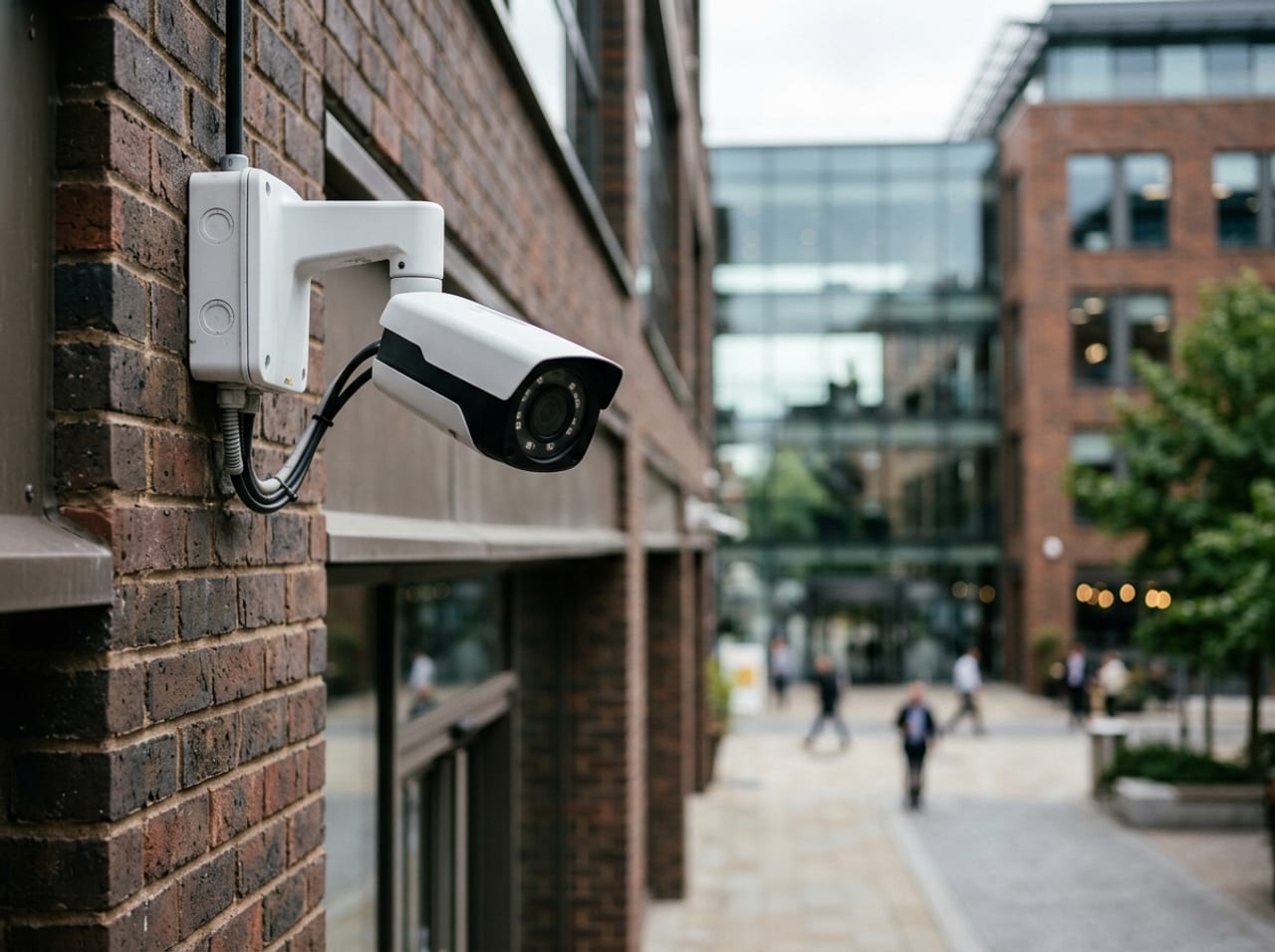 A surveillance camera mounted on the exterior of a commercial building