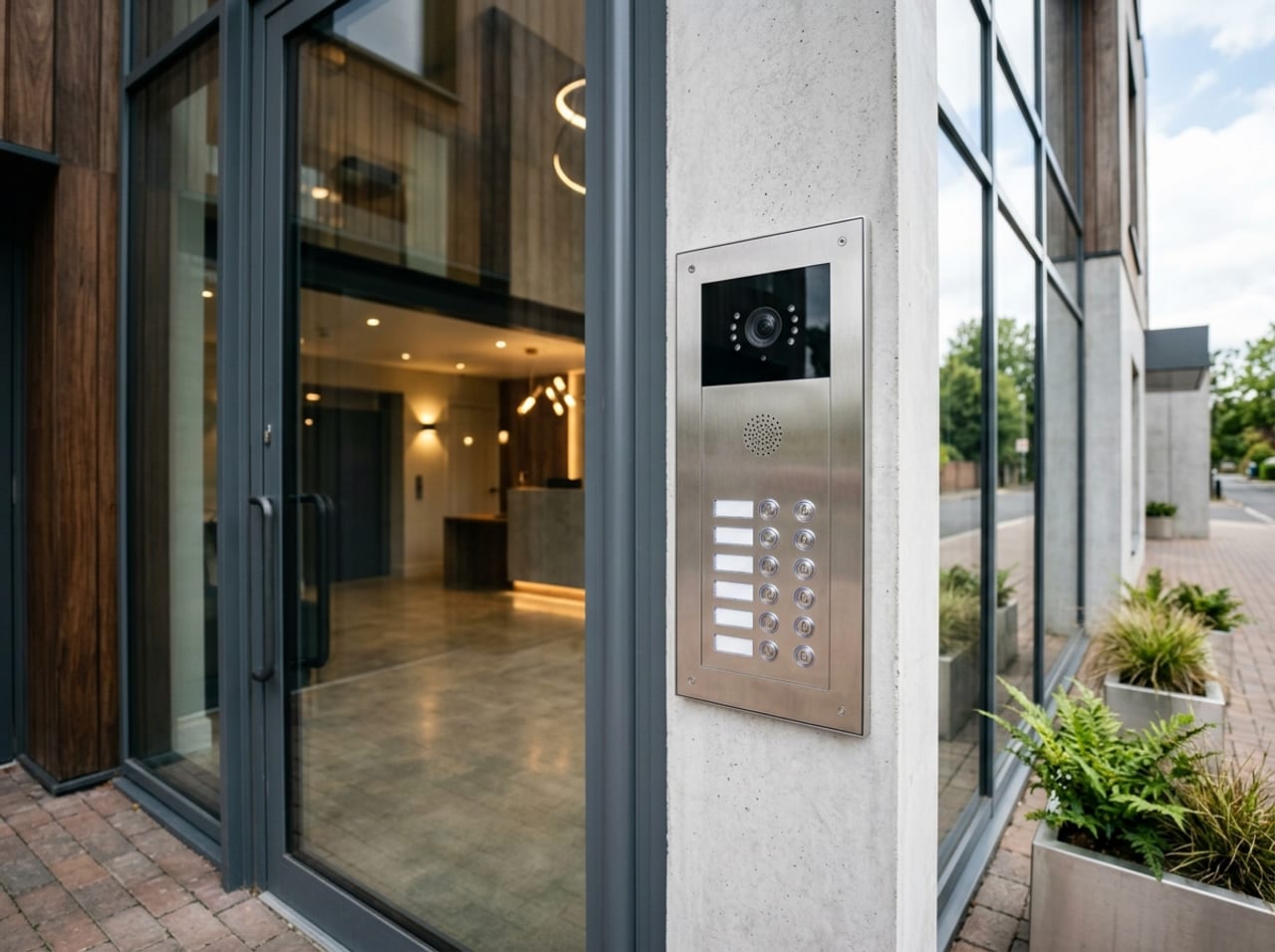 A video door entry panel mounted at the communal entrance of an apartment block