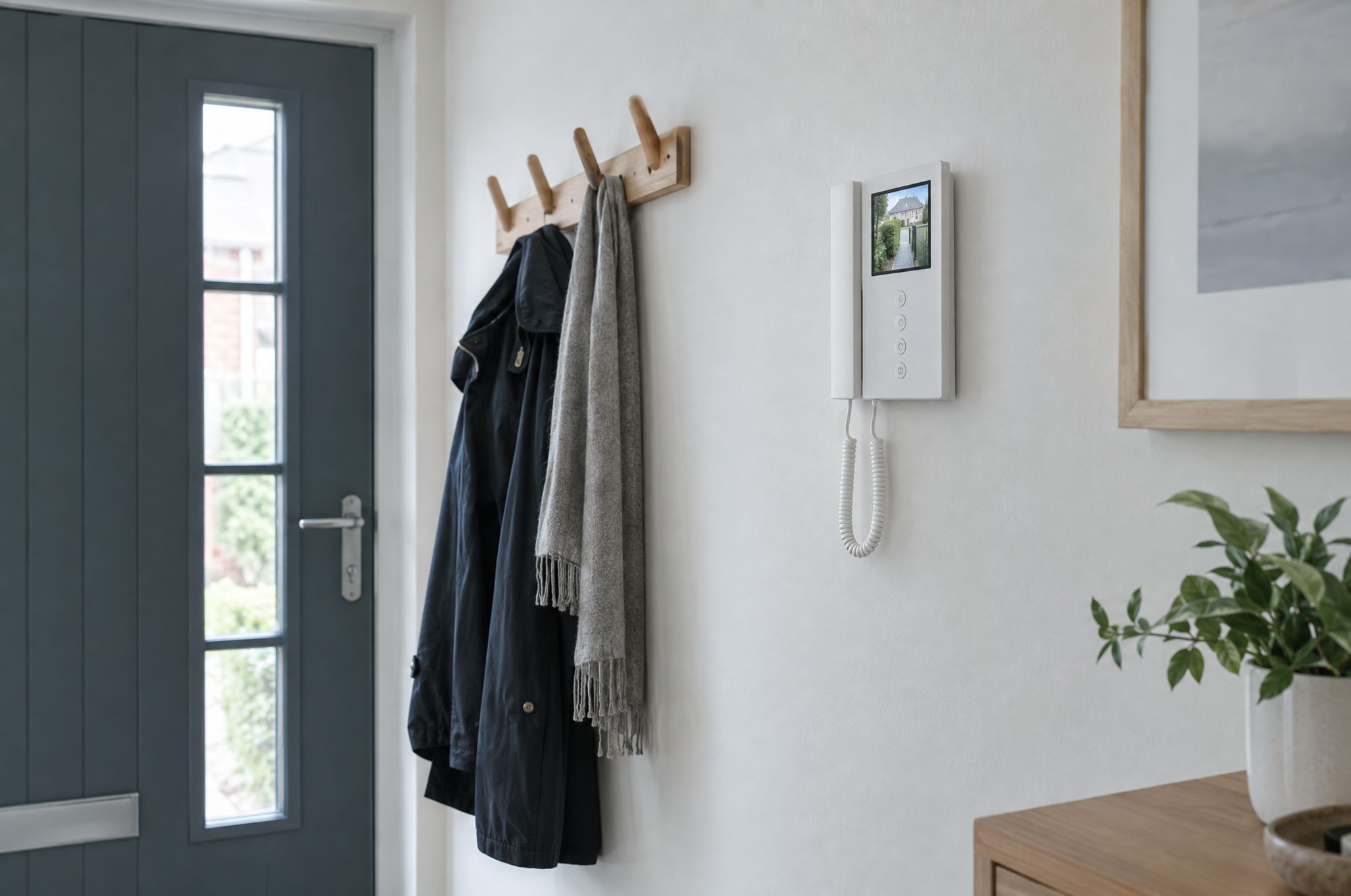 Video door entry handset on a hallway wall