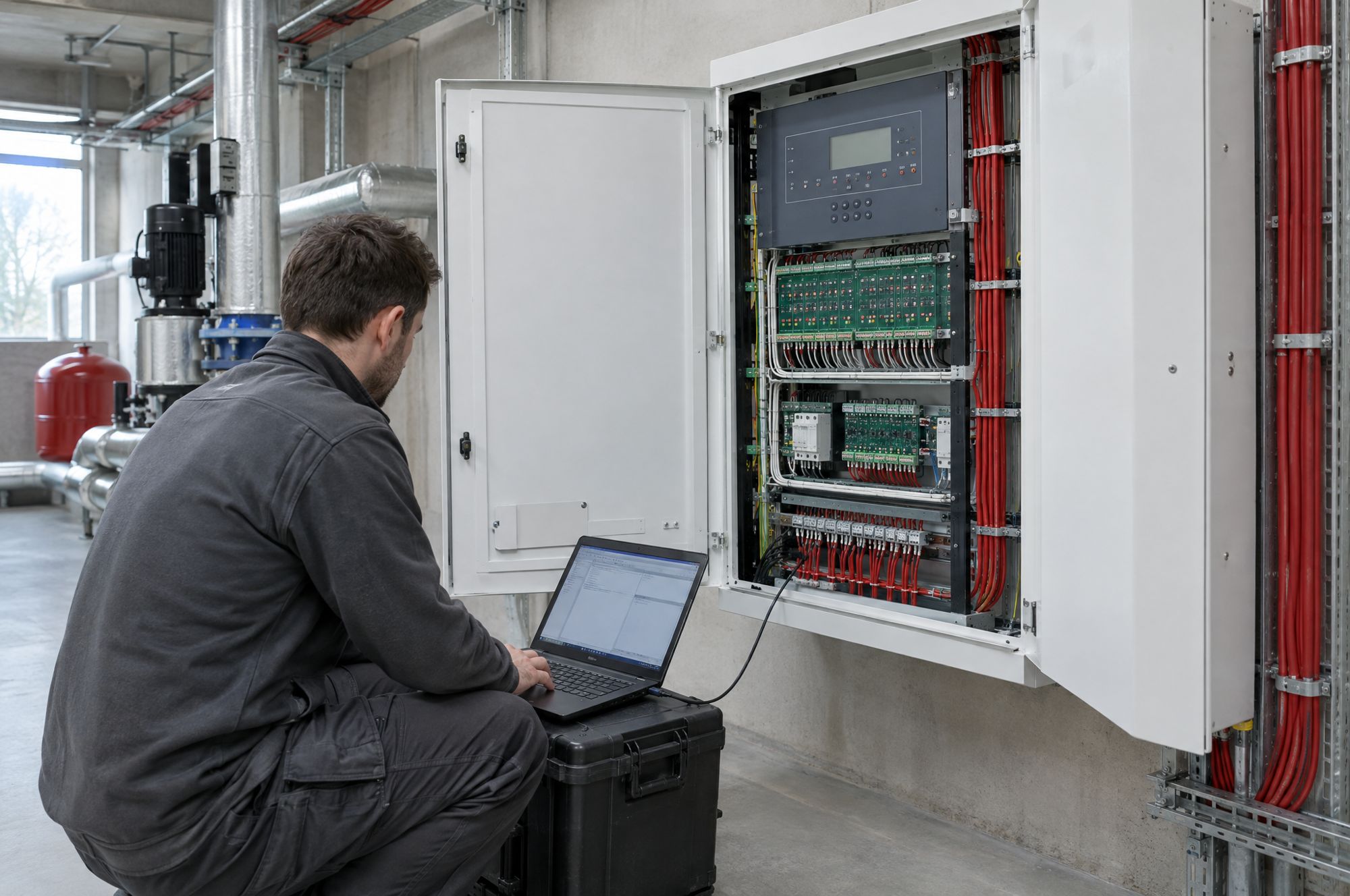 Engineer commissioning an open fire alarm panel with a laptop