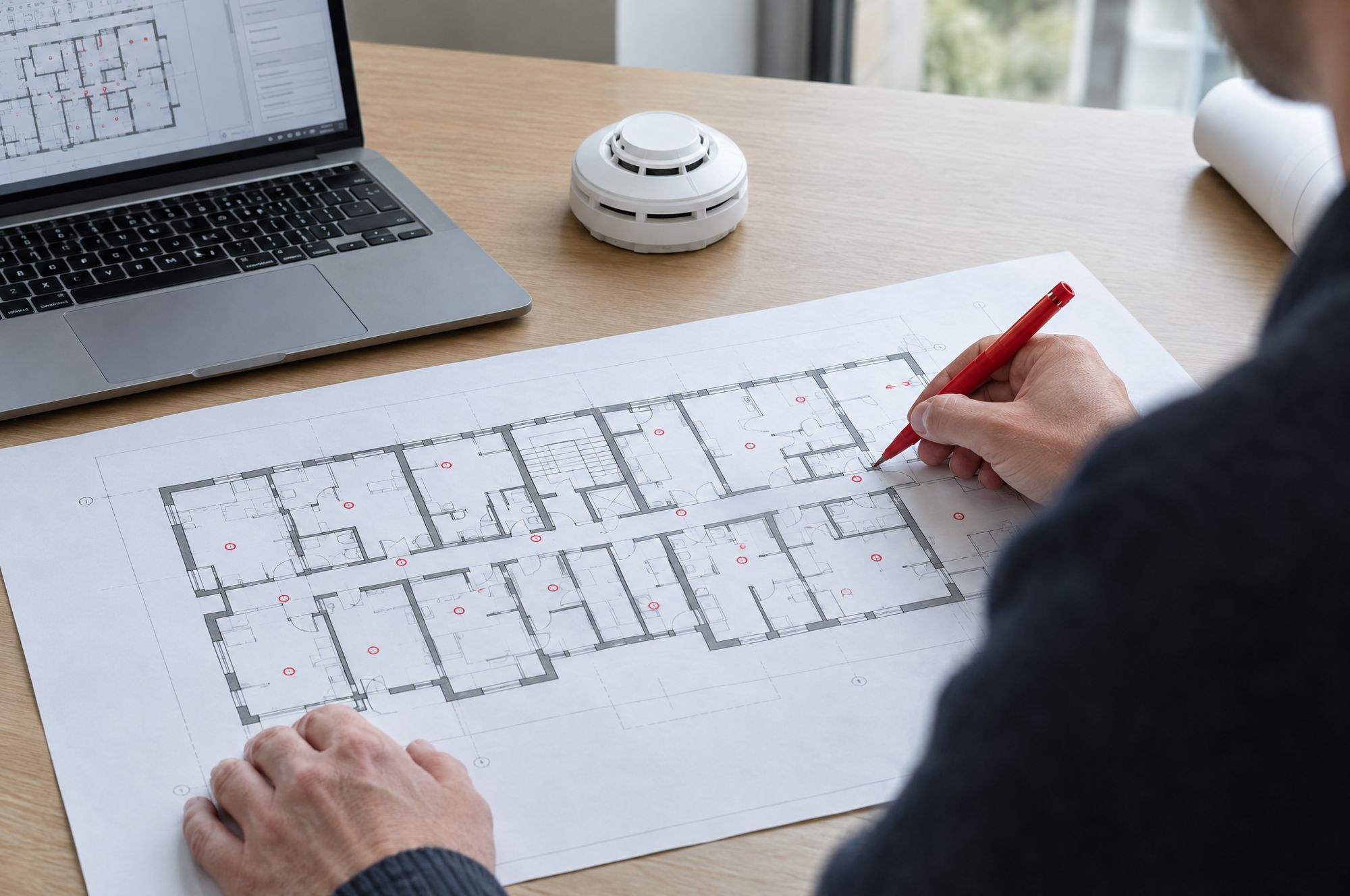 Engineer marking detector positions on a floor plan