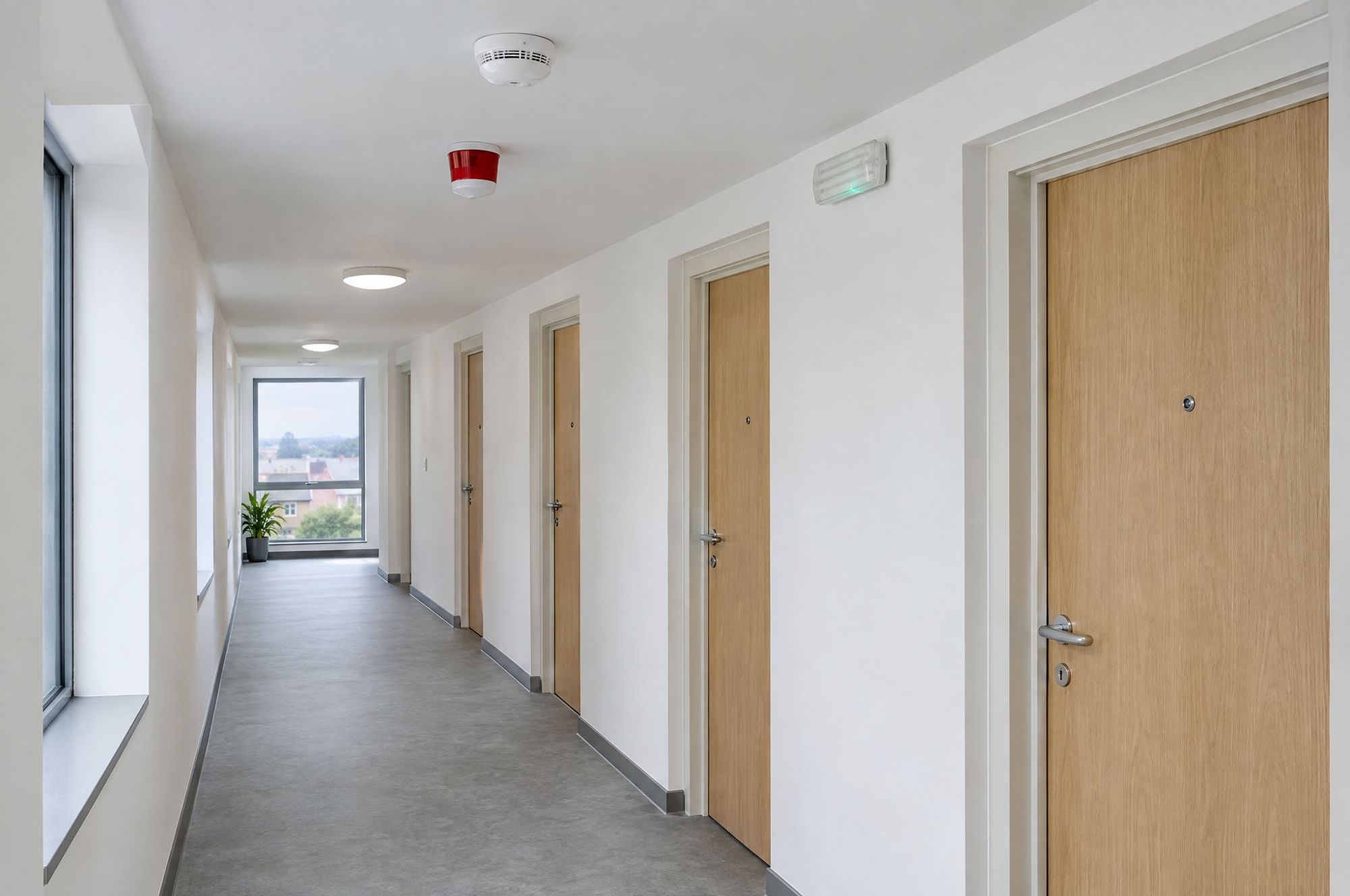 Smoke detection and a sounder in a residential corridor