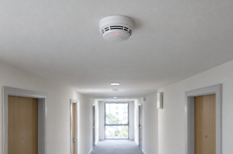 A smoke detector on a corridor ceiling
