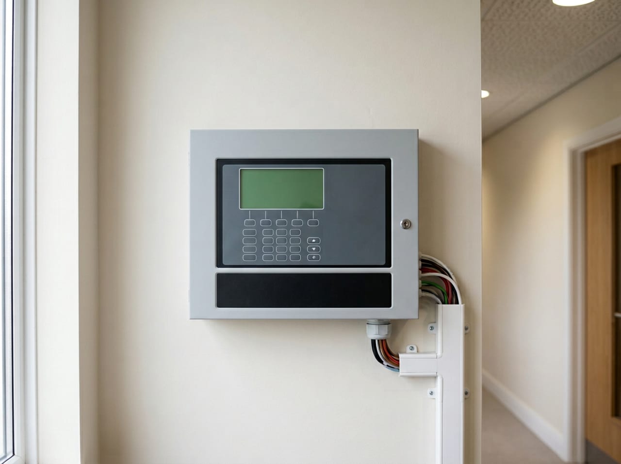 An addressable fire alarm control panel installed and commissioned in a building lobby