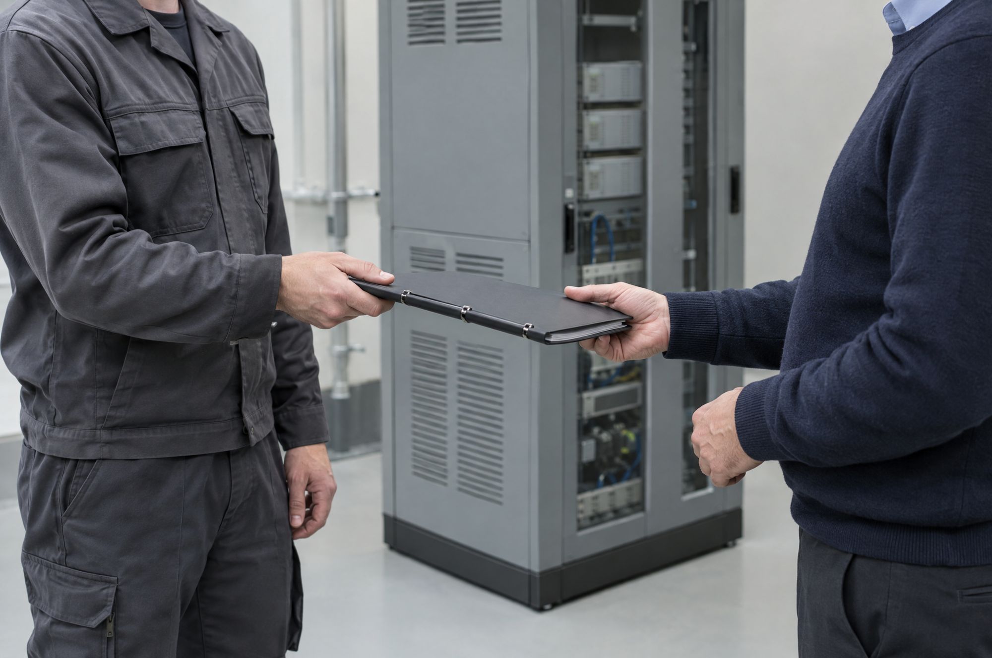 Engineer handing over test results to a building manager