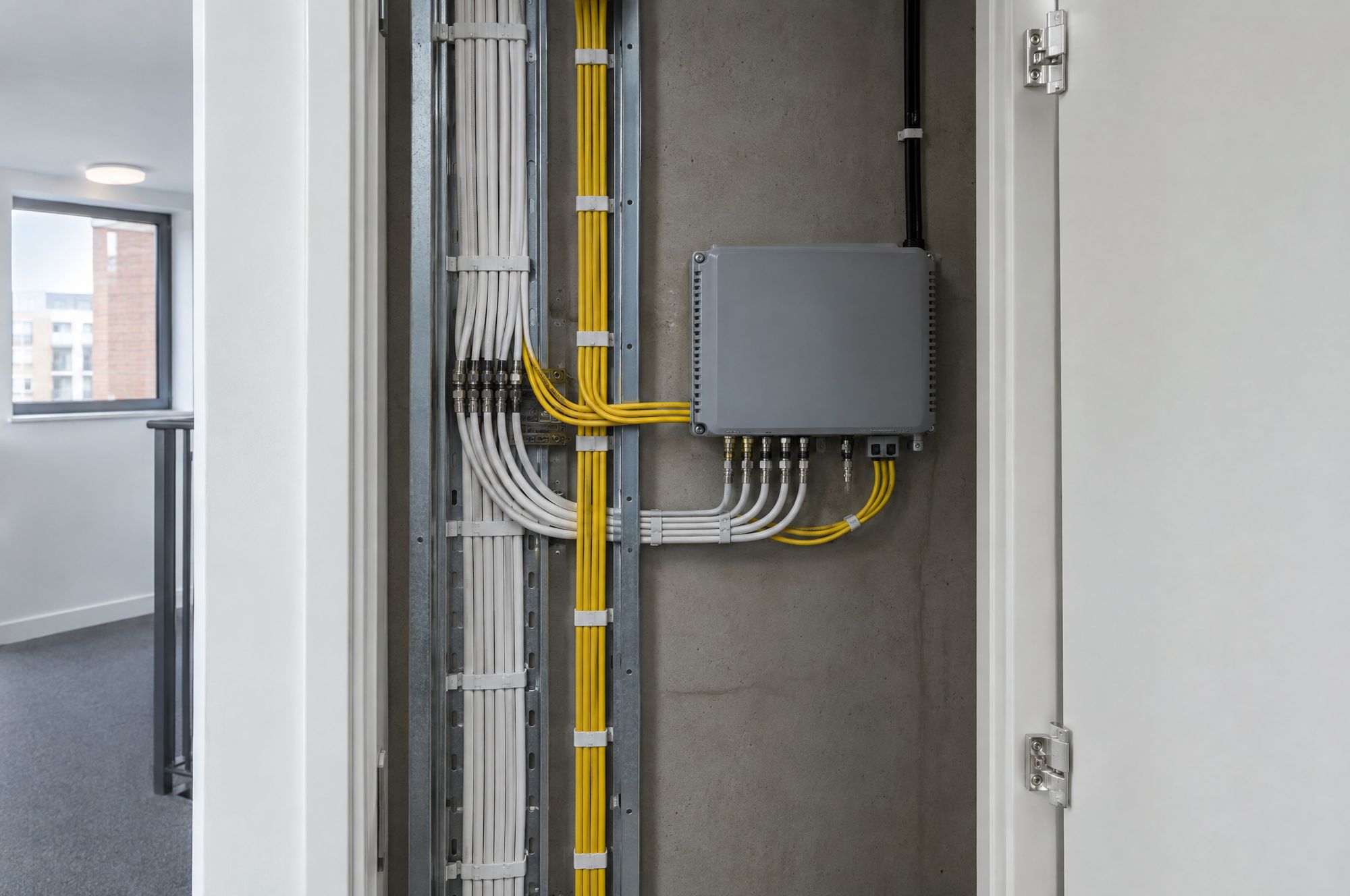 Distribution cabling and amplifier in a service riser