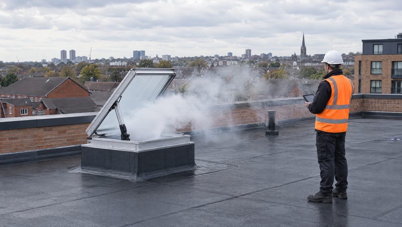 A rooftop AOV being tested during a smoke ventilation service