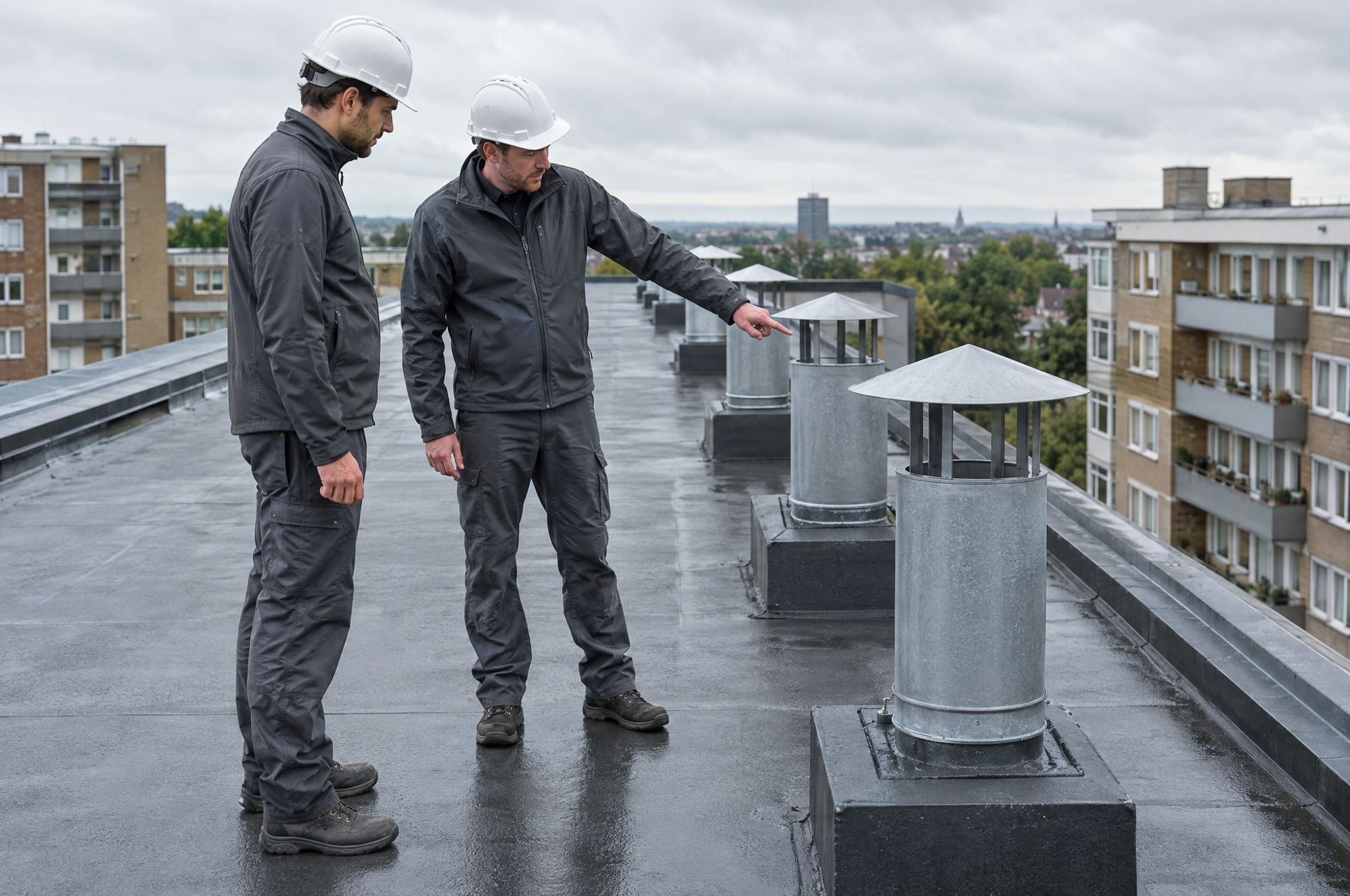 Two engineers inspecting roof vents on a block of flats